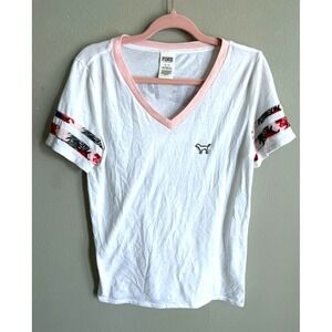 Victoria's Secret PINK White V-Neck T-Shirt Floral Dog Graphic Logo Medium
